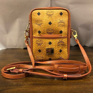MCM Visetos Cognac Monogram Camera Messenger Bag Leather Lined Mirror EUC RARE